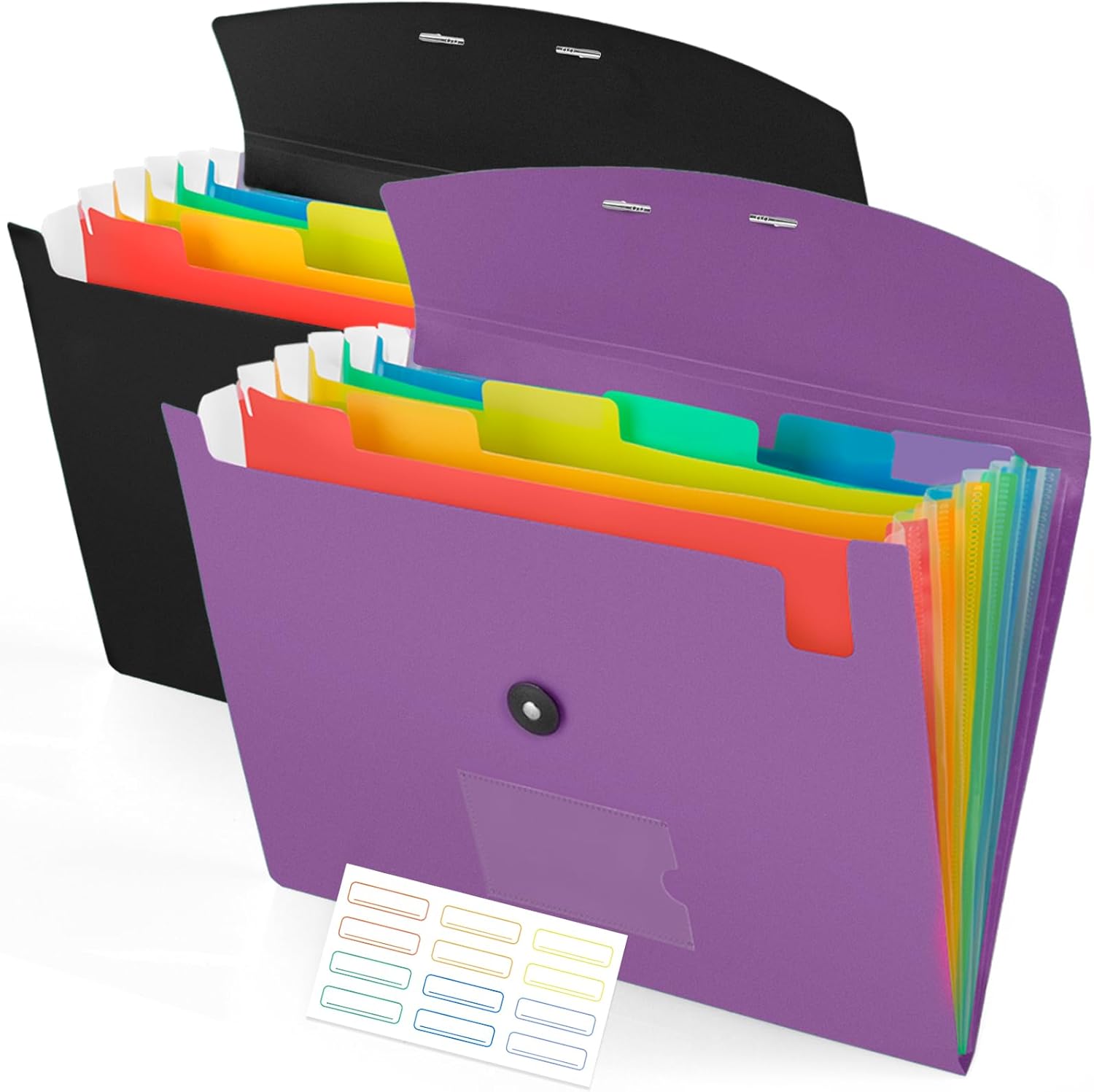 Accordion File Organizer, 7 Pockets Expanding File Folder with Labels, A4/Letter Size Portable Folders for Documents, Paper Organizer for School Office Supplies, Black && Pruple