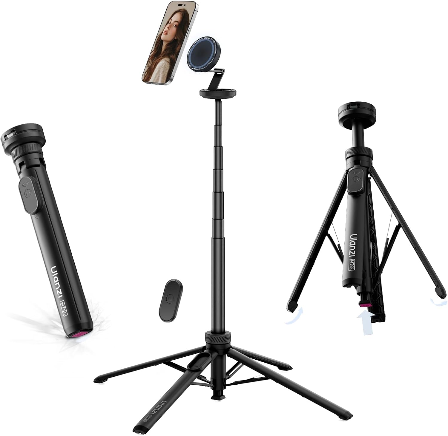 ULANZI Magnetic Phone Tripod, MT85 Auto Open Tripod for Magsafe with Enhanced 4-Leg, 60'' Selfie Stick Extendable Phone Stand, Content Creator Essentials for iPhone 17/16/15/14/13/12 Black