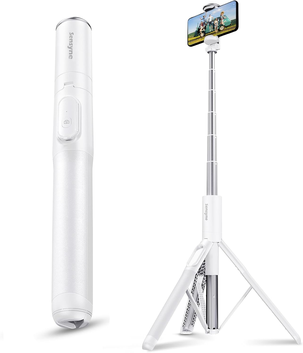 Sensyne 60" Phone Tripod, Lightweight All in One Selfie Stick Integrated with Wireless Remote Compatible with All Cell Phones for Selfie/Video Recording/Photo/Live Stream/Vlog（White）
