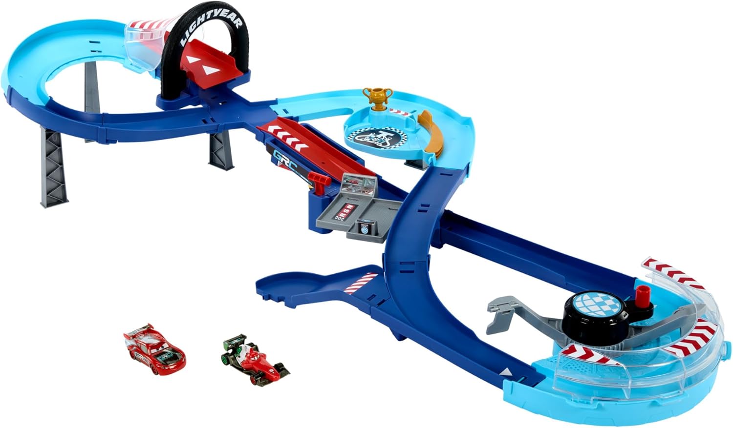 Mattel Disney Age 4+ and Pixar Cars Playset with 2 Toy Cars, Lightning McQueen & Francesco Bernoulli, GRC Jumping Raceway Track Set with Kid-Powered Booster, HXJ32