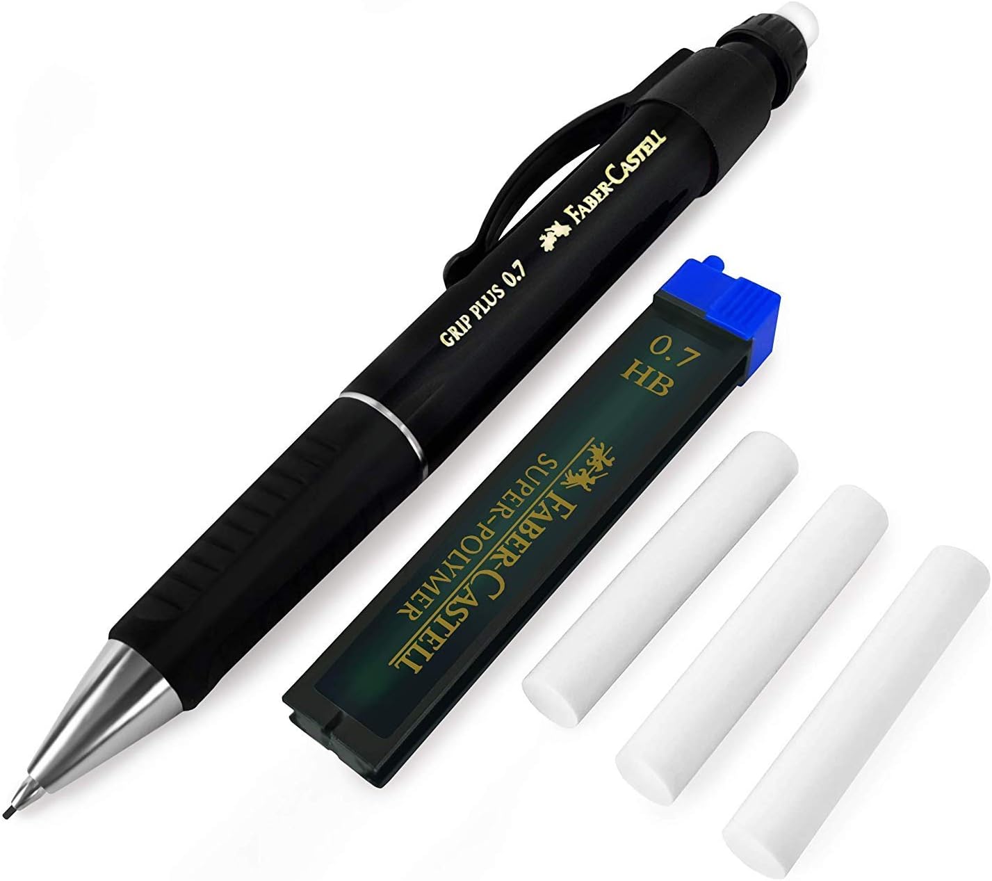 Faber-Castell Grip Plus Mechanical Pencil - 0.7mm - Black Barrel + Super-Polymer 0.7mm HB Leads + Eraser Refills