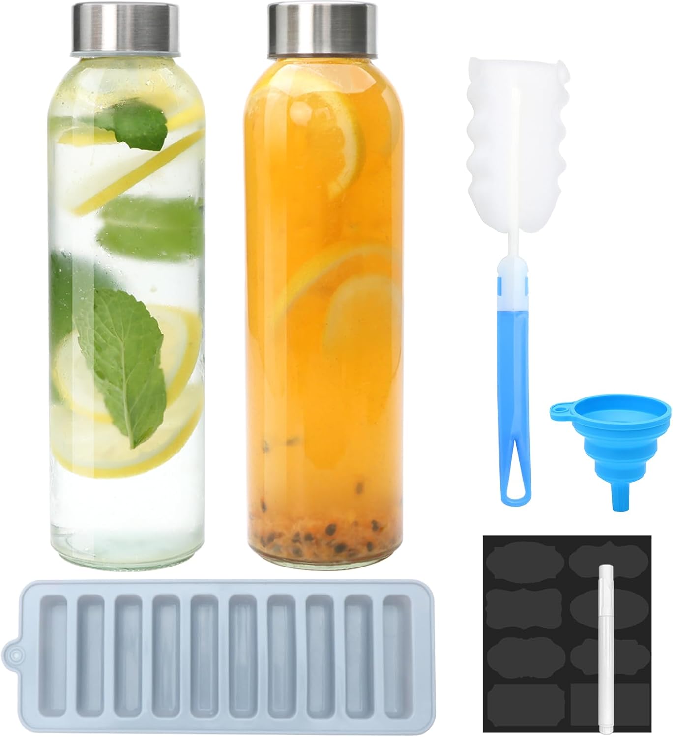 Brajttt Glass Juice Bottle with Lids,16oz Juicing Bottles Reusable, Clear Glass Water Bottles 16 oz with Stainless Steel Airtight Cap,Juice Beverage Container, Leak Proof,Set of 2