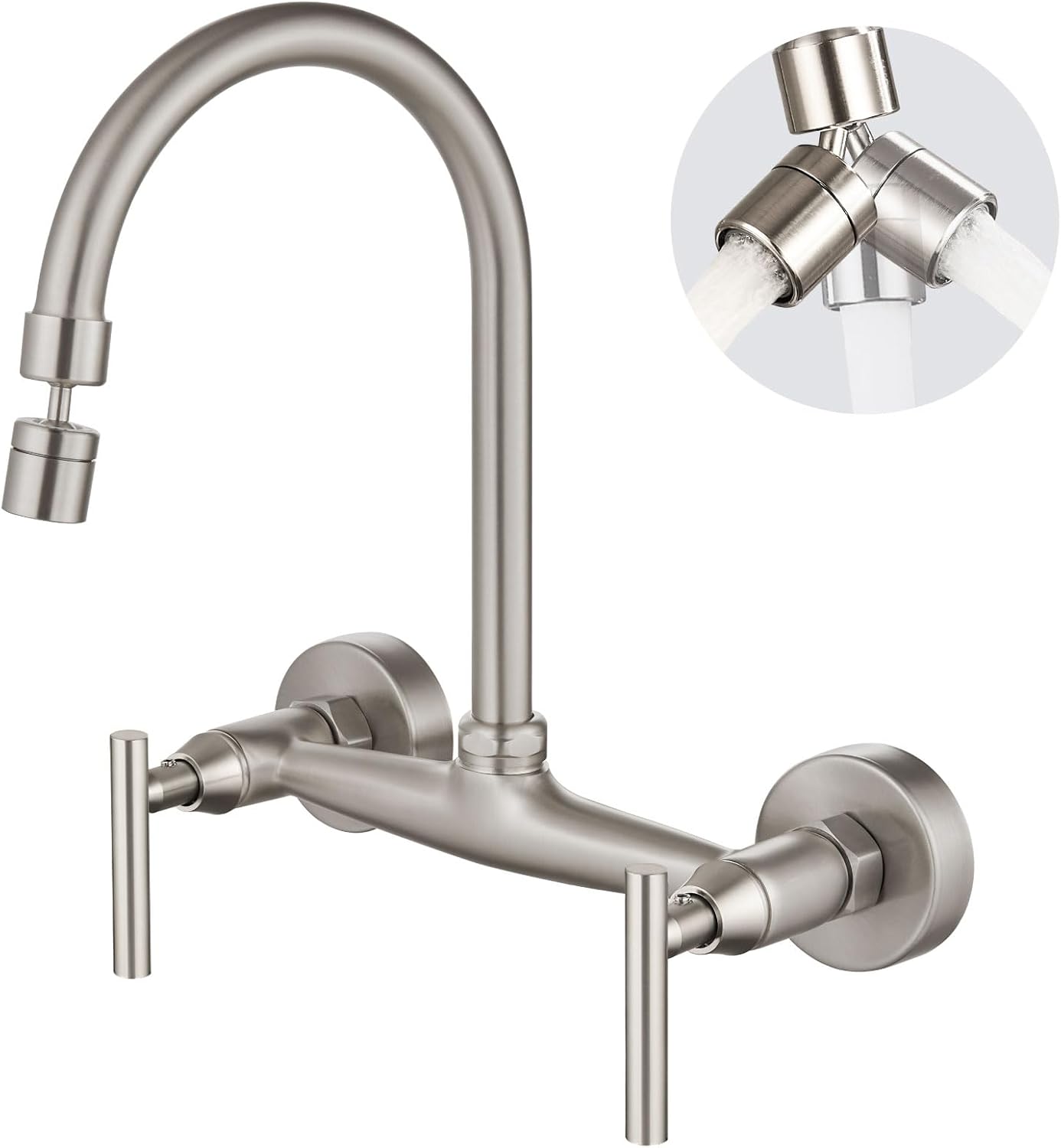 Airuida Wall Mount Kitchen Sink Faucet Wall Mounted Kitchen Faucets 8 Inch Center Double Handles 360 Degree Swivel Spout Restaurant Utility Laundry Commercial Mixer Tap Brushed Nickel