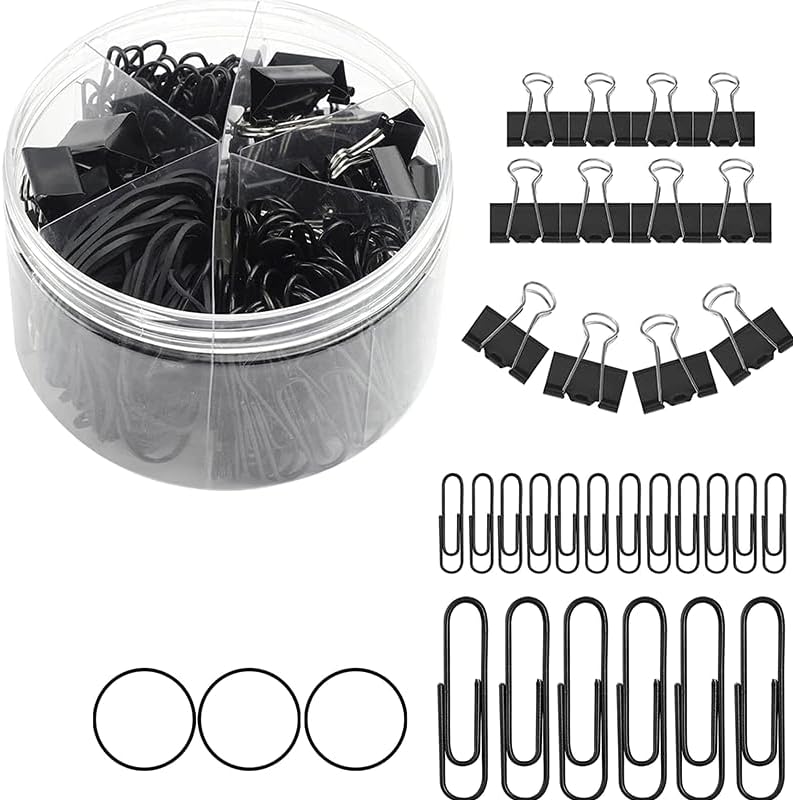 Binder Clips Paper Clips, 240 Pcs Binders & Paperclips Assorted Sizes with Container, Paper Clips & Black Binder Clips Office Supplies, Paper Clamps for Office, Home, School(Black)