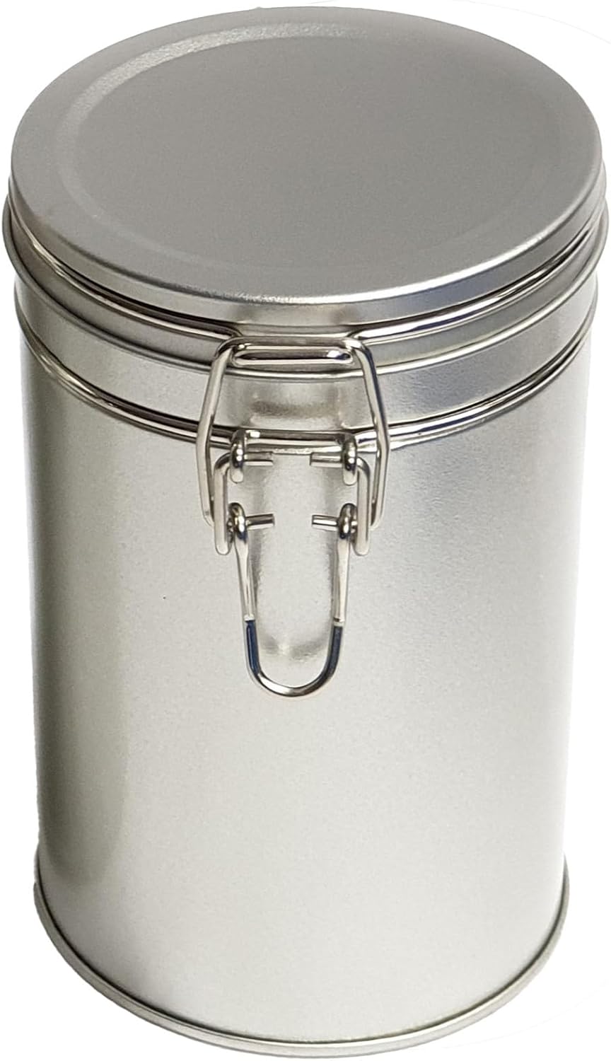 Kitchen Storage Canister Small 600ml - Airtight Clip Lid Tin - Tea Bags/Loose Tea/Coffee/Sugar/Food - Compact Slim Metal Caddy - 1 Pint Storage Container - Brushed Silver