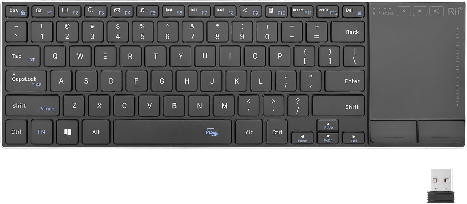 Rii 2.4G Wireless Keyboard,Bluetooth Keyboard(BT 5.1+2.4G),Aluminium Alloy Portable with Touchpad for Computer,PC,Tablet,iPad,Android TV Box,Smart TV,Windows,Mac (Black)