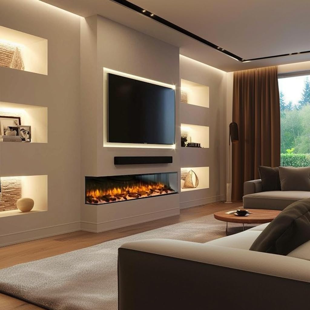 Endeavour Fires 60”/1530mm Rosedale 3D Media Wall Inset Electric Fireplace with Multi Flame Colours Log & Crystal Set, 7day Programmable Remote Control 1&2kW