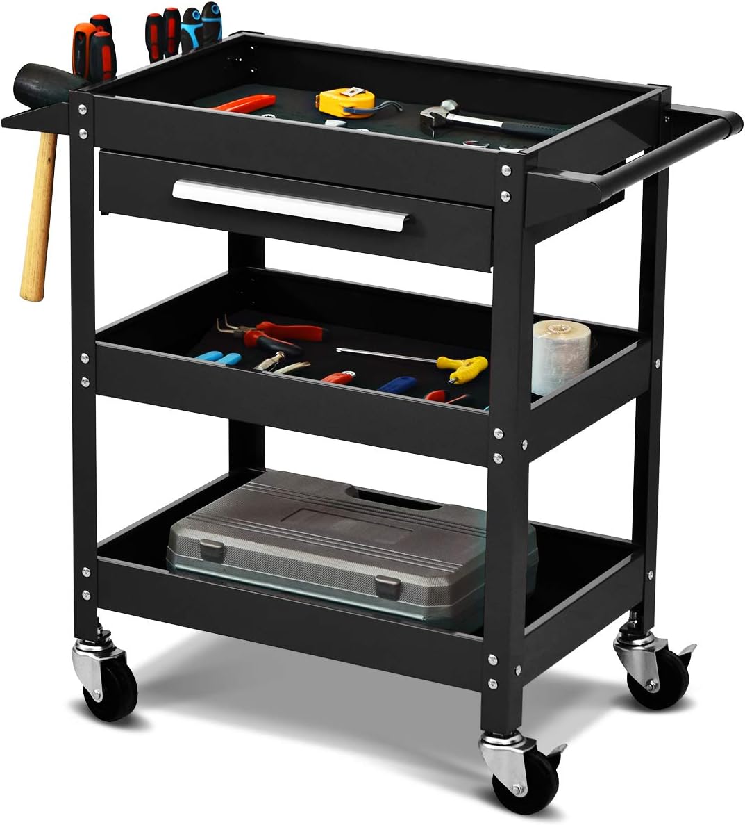 COSTWAY 3 Tier Tool Trolley, Metal Rolling Workstation with Large Drawer and Hanging Rack, Home Workshop Garage DIY Storage Service Cart Holds up to 150KG (Black)