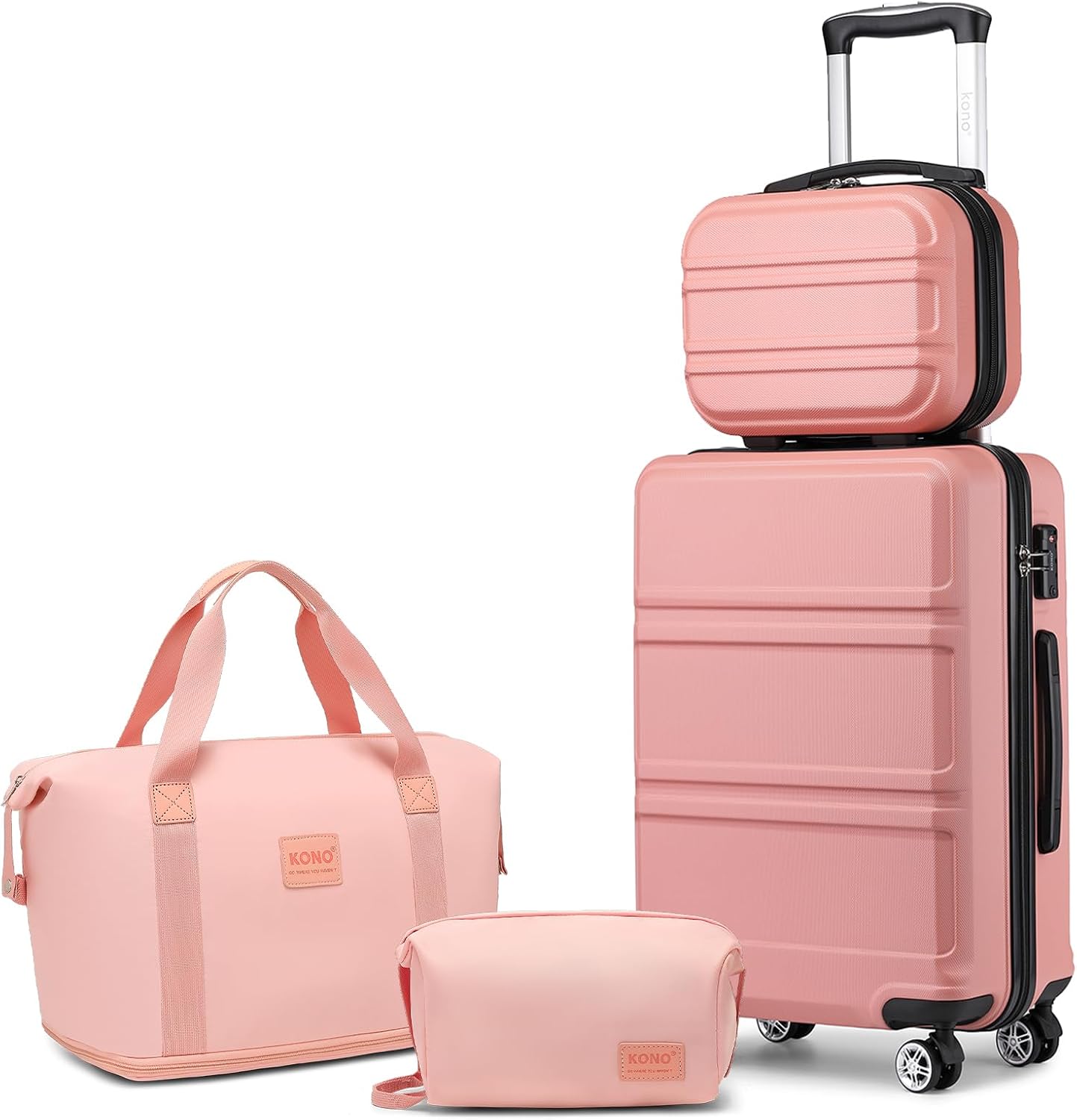 Kono 4-Piece Luggage Set, Lightweight ABS Hardshell 12" Cosmetic Case and 20" Carry-On Suitcase with TSA Combination Lock Includes Travel Duffle Bag and Toiletry Bag (Nude)