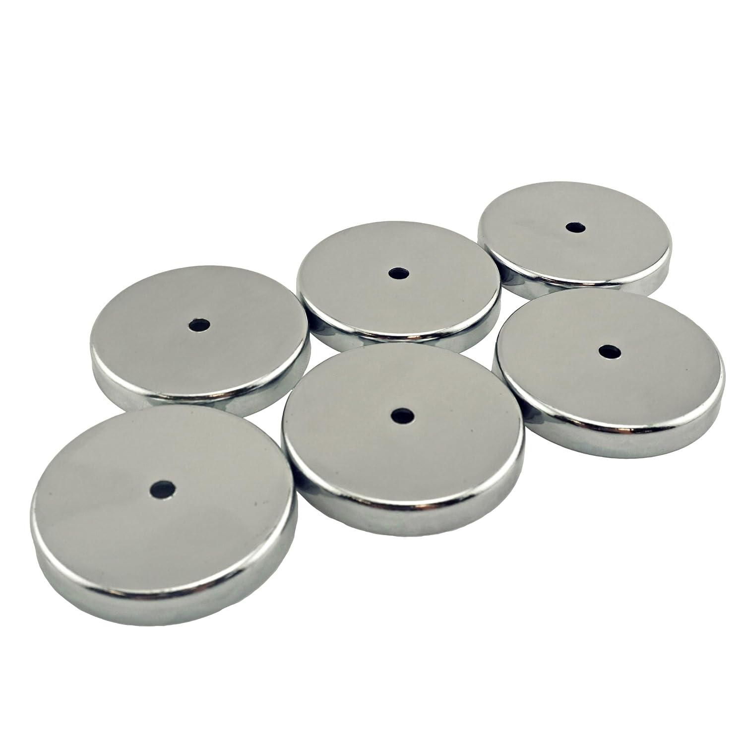 Master Magnetics Round Base Magnet Fastener with 0.197" Center Hole Chrome Plate, 2.04" Diameter, 0.302" Thick, 35 Pounds, Silver (Pack of 6), RB50CX6