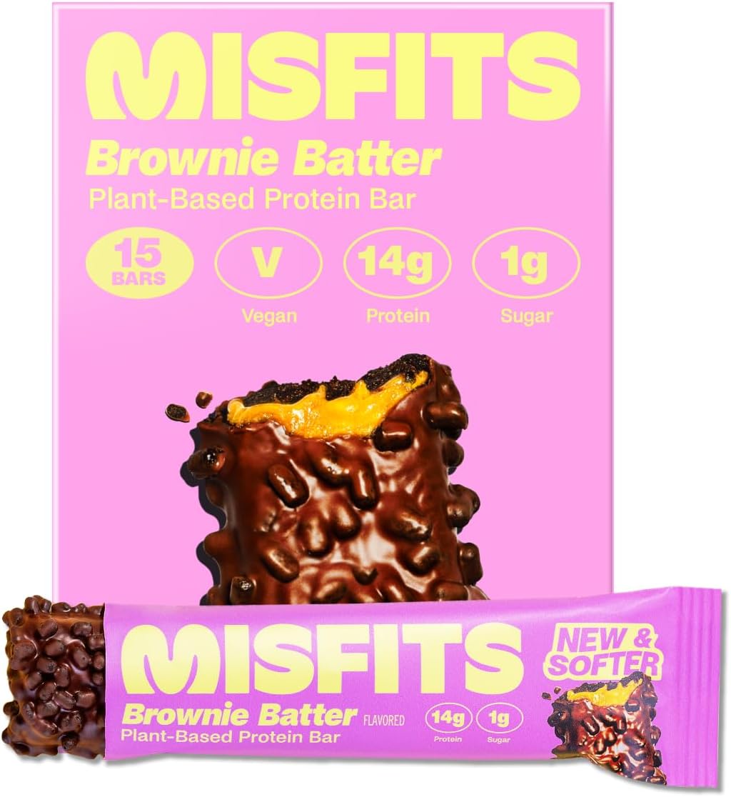 Misfits Vegan Protein Bars, Brownie Batter - Updated Recipe | Low Sugar & Carb, High Fibre Snacks | Pack of 15