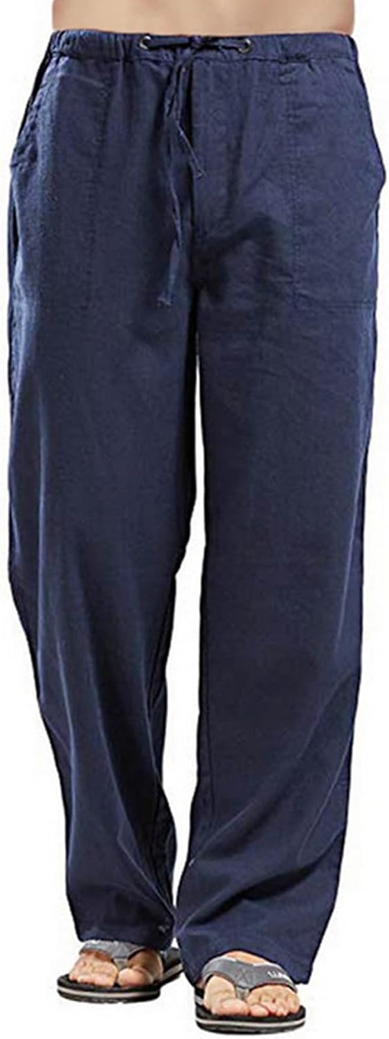 Remxi Mens Linen Trousers Loose Fit Beach Pants Lightweight Drawstring Elastic Waist Straight Legs Trousers