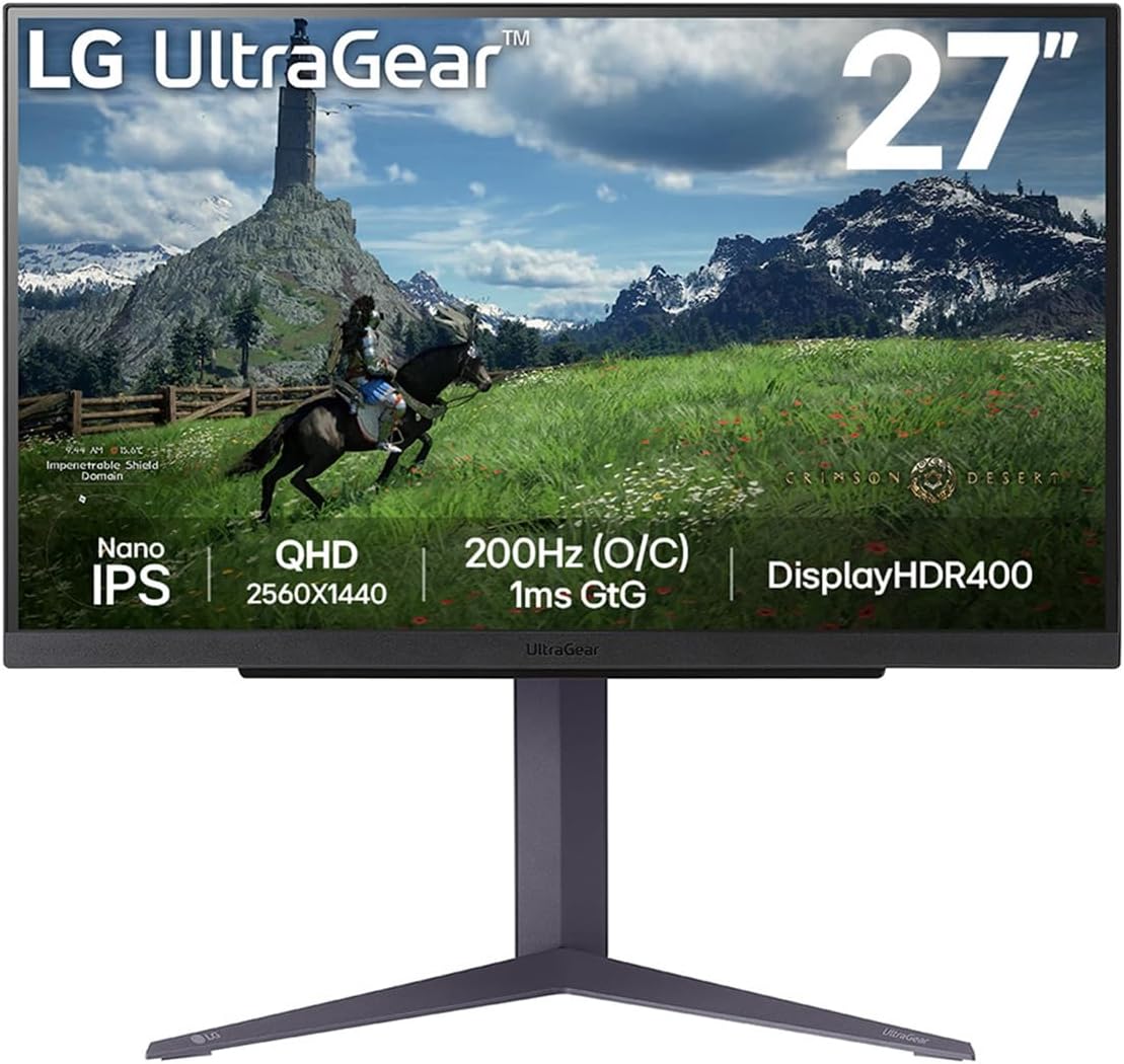 LG UltraGear Gaming Monitor 27GS85Q, 27 inch, 1440p, 200Hz Overclocked, 1ms Response Time, IPS Panel, NVIDIA G-Sync compatible & AMD FreeSync, Smart Energy Saving, DisplayPort, HDMI