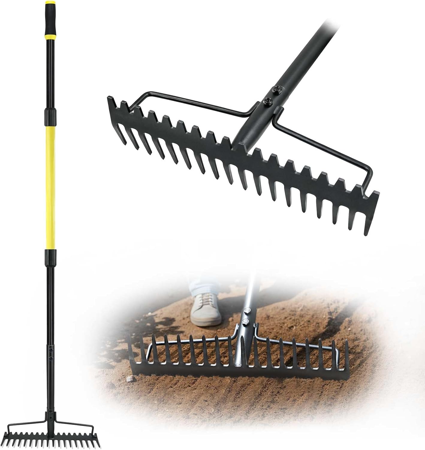 Jardineer Bow Rake Heavy Duty, Long Handle Metal Rakes for Gravel, Rocks, Lawns Leaves, Soil Leveling, Landscaping, Garden Rake with 18 Steel Tines (150 cm)