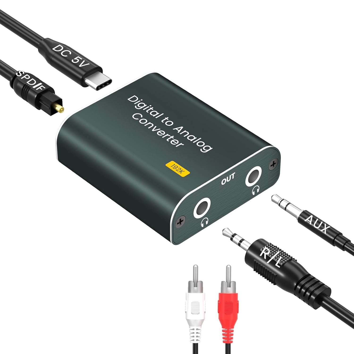 Digital to Analog Audio Converter,192kHz DAC Converter Digital Optical to Dual Analog 3.5mm AUX Audio Adapter with Optical Cable 3.5 Audio Cable and 3.5 to RCA Cable