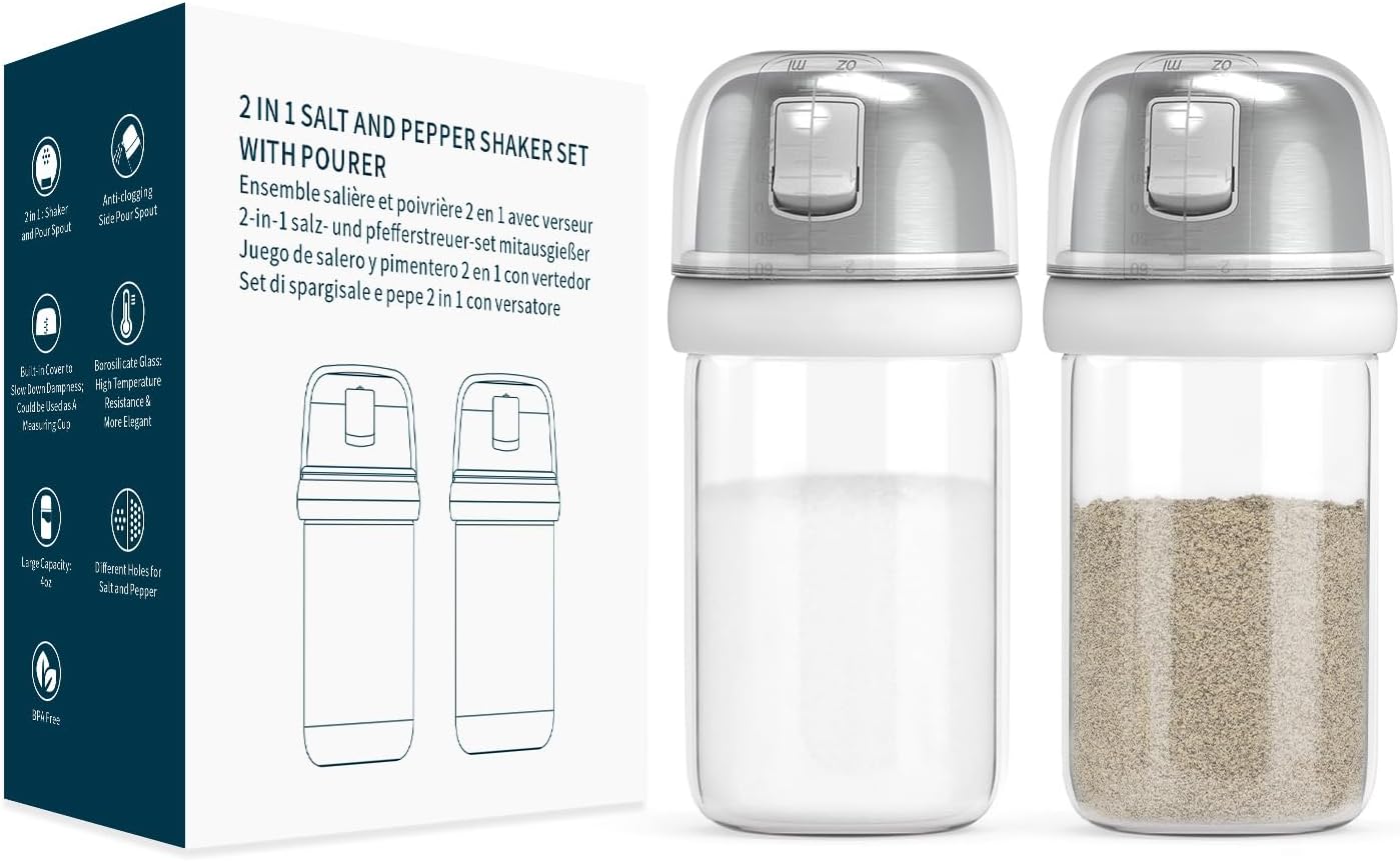 KTCHENDAO 2 in 1 Glass Salt and Pepper Shaker with Side Pour Spout, Built-in Lid for Moisture-proof, Elegant Borosilicate Glass Salt Pepper Dispenser set for Kitchen, BPA Free, 4oz (White)