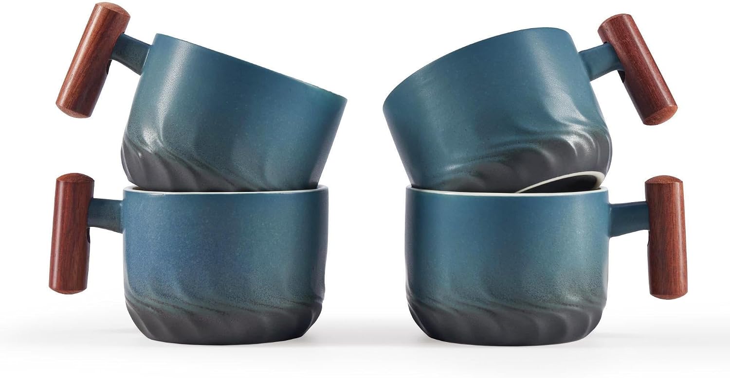 2.5oz Ceramic Espresso Cups with Wooden Handle, Small Coffee Cups Double Shot Espresso Cups Set of 4