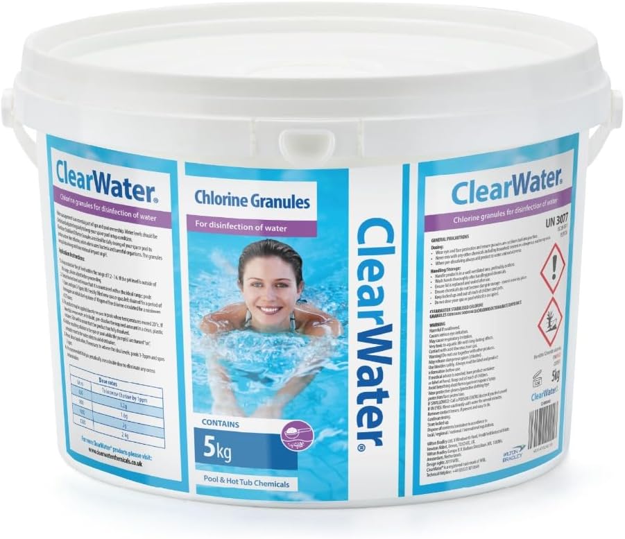 Clearwater Chlorine Granules for Hot Tub Spa and Swimming Pool Water Treatment for Rapid Disinfecting and Cleaning, Pail, 5 kg, White