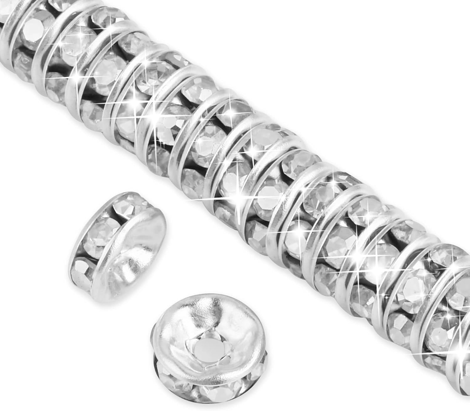 200 Pcs 8mm Sparkling Crystal Spacer Beads, Silver Plated Rondelle Crystal Rhinestone Spacers for Jewelry Bracelets Making Decorations