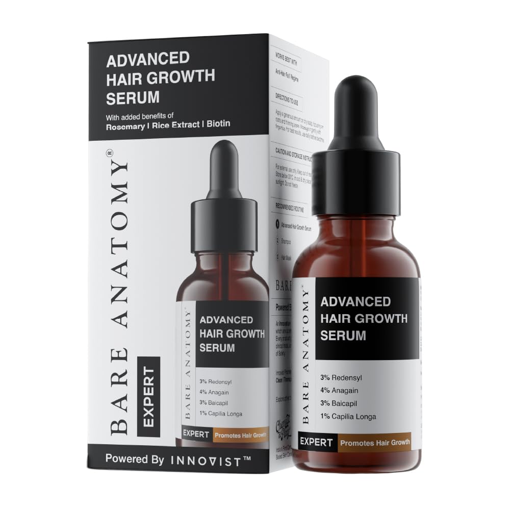 Bare Anatomy Advanced Hair Growth Serum| 3% Redensyl - 2x Better Results than Minoxidil | + 4% Anagain + 3% Baicapil | Rosemary, Biotin | Hair growth & Hair fall control serum for Women & Men | 30mL