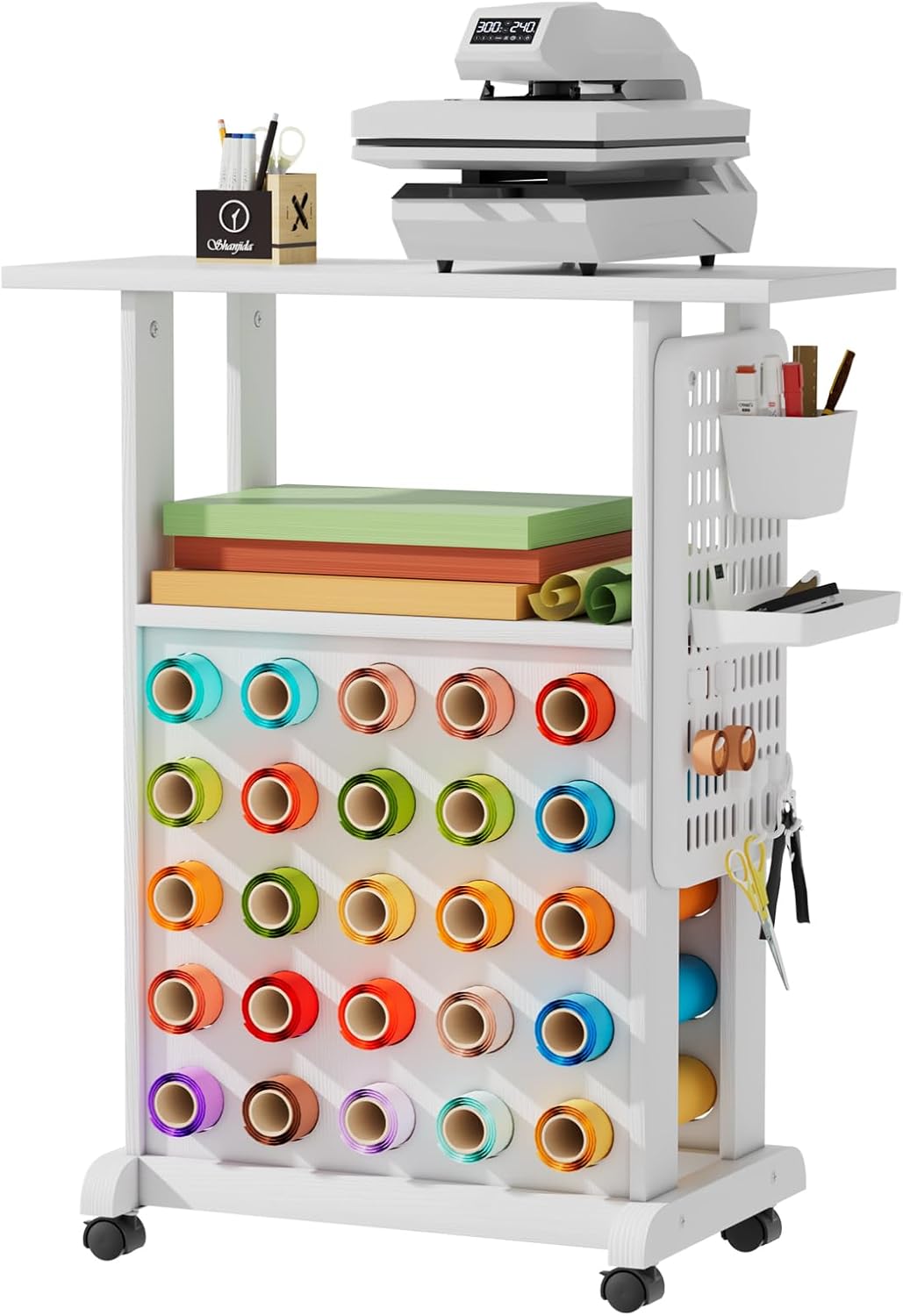 Rolling Craft Storage Cart Organizers - Compatible with Cricut Machines,Craft Rolling Storage Organizer with Vinyl Roll Holder,Crafting Cabinet Workstation