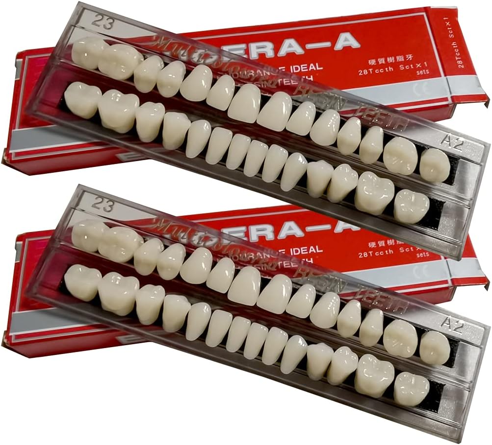 56 Pcs False Teeth Dental Complete Acrylic Resin Denture Teeth, 2 Set Whole Teeth Synthetic Polymer Denture Tooth, 23 Shade A2 Upper + Lower Dental Materials for Replacement, DIY, or Halloween (23 A2)