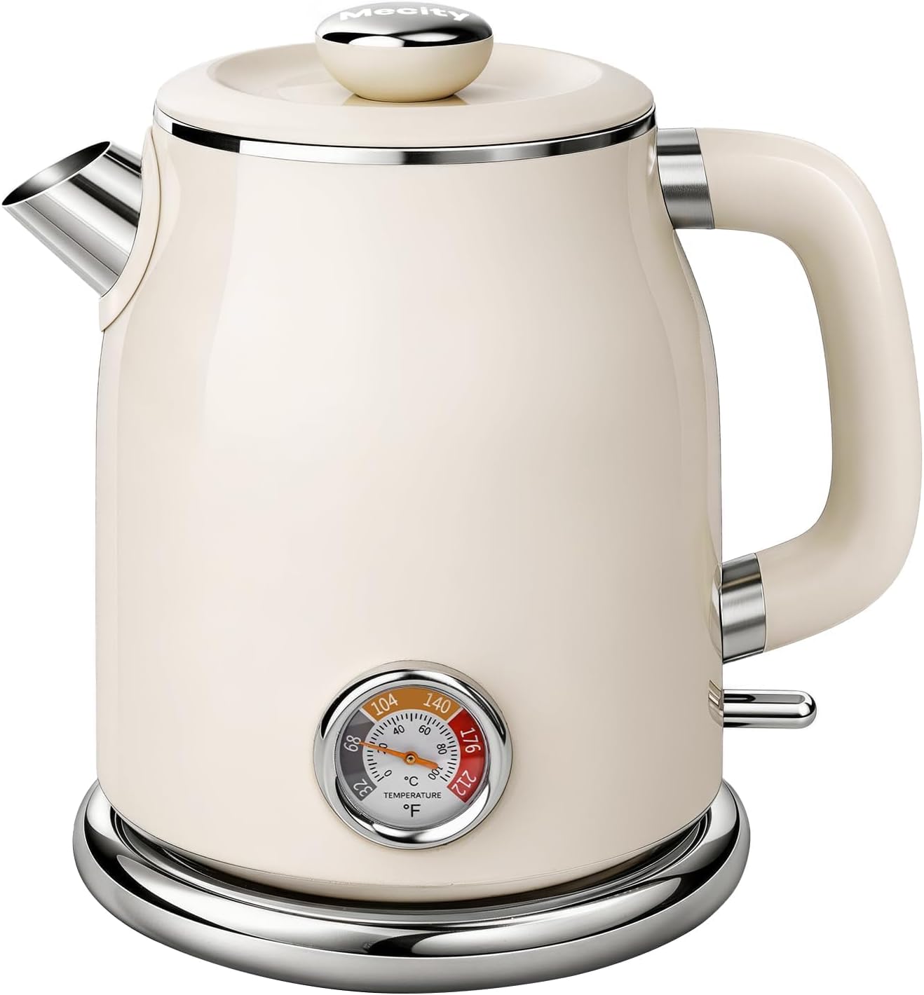 Mecity Retro Electric Kettle 1.7L, Stainless Steel Interior, Food-Grade Silicone Water Contact, Double Wall Cool Touch, 1500W Fast Boil, Thermometer (°F/°C), Wide Opening, Cream