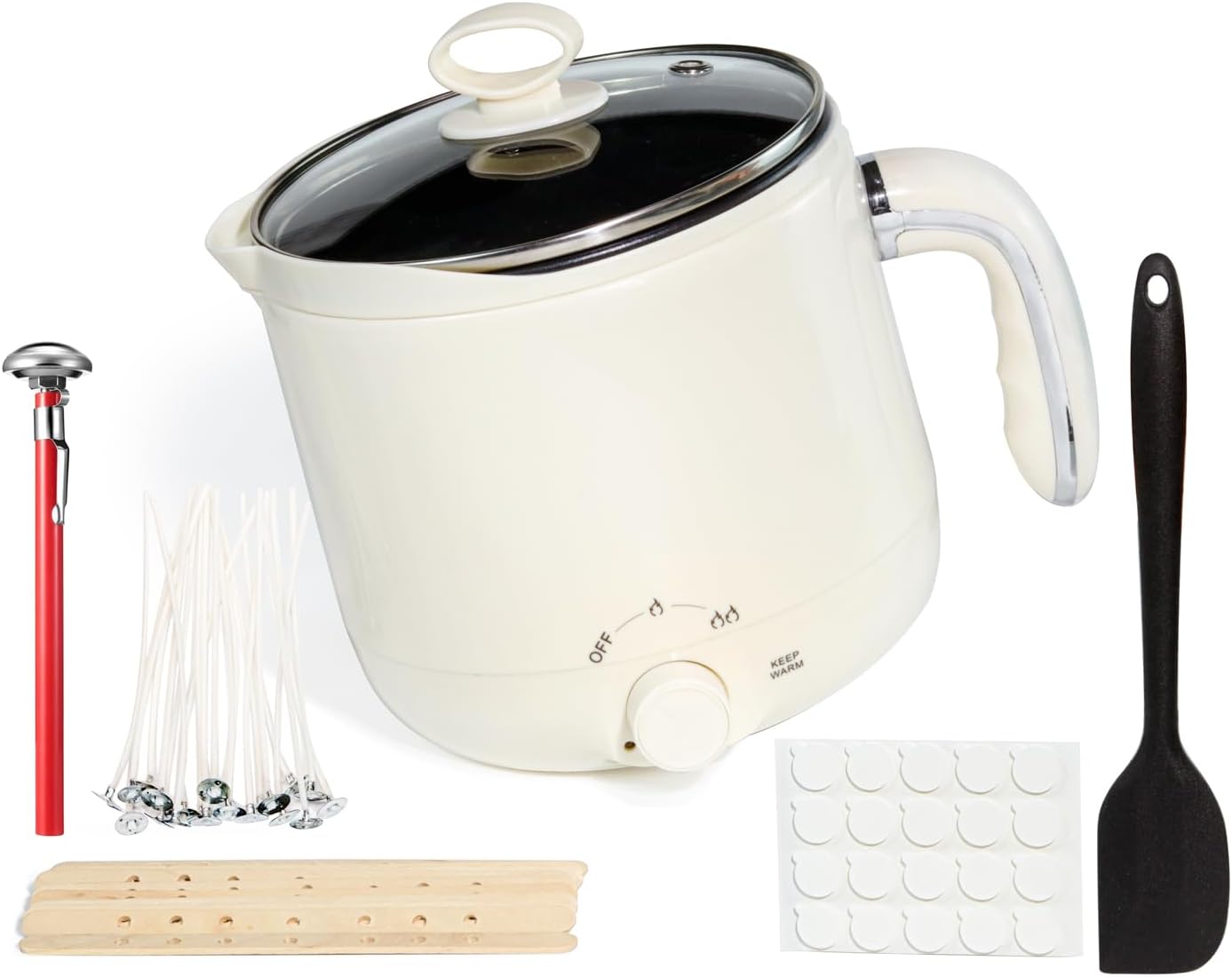 Wax Melter for Candle Making Non-stick Keep Warm 1.8L Large Electric Wax Melting Pot with Pouring Spout - Thermometer，Wicks, Wick Stickers, Centering Device, Spoon, Candle Making Supplies - UK Plug