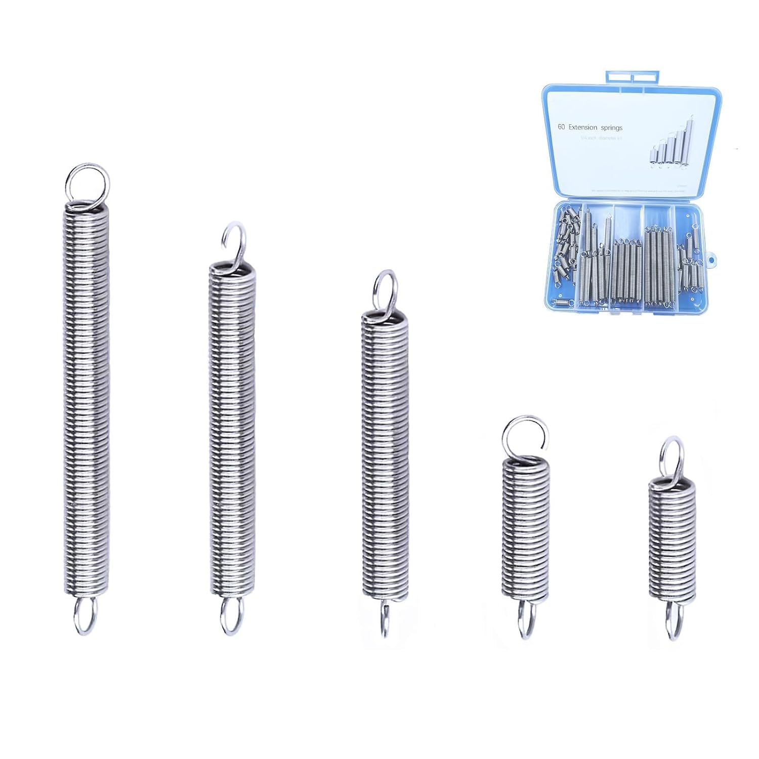 60pcs Extension Spring Assortment Kit, 0.035" Wire Diameter, 1/4" Outside Diameter, 13/32" to 2-1/4" Length, Stainless Steel Mechanical Small Extension Springs with Hook Ends