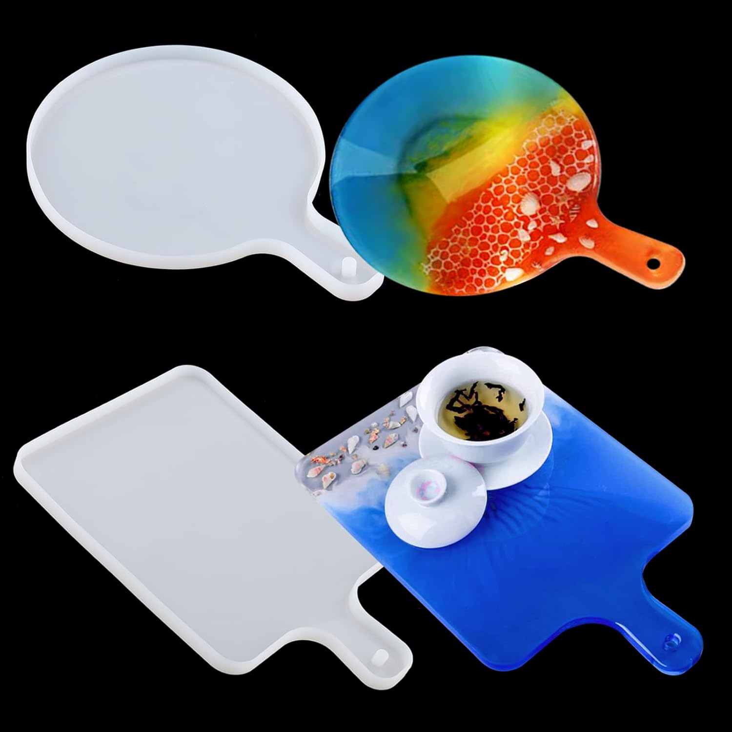 EPODA Pack of 2 Silicone Mould Tray Large with Handles, Silicone Mould Coaster Tray Epoxy Resin Moulds for Serving Tray, Plate, Cement, Polymer Clay, Rectangular and Round