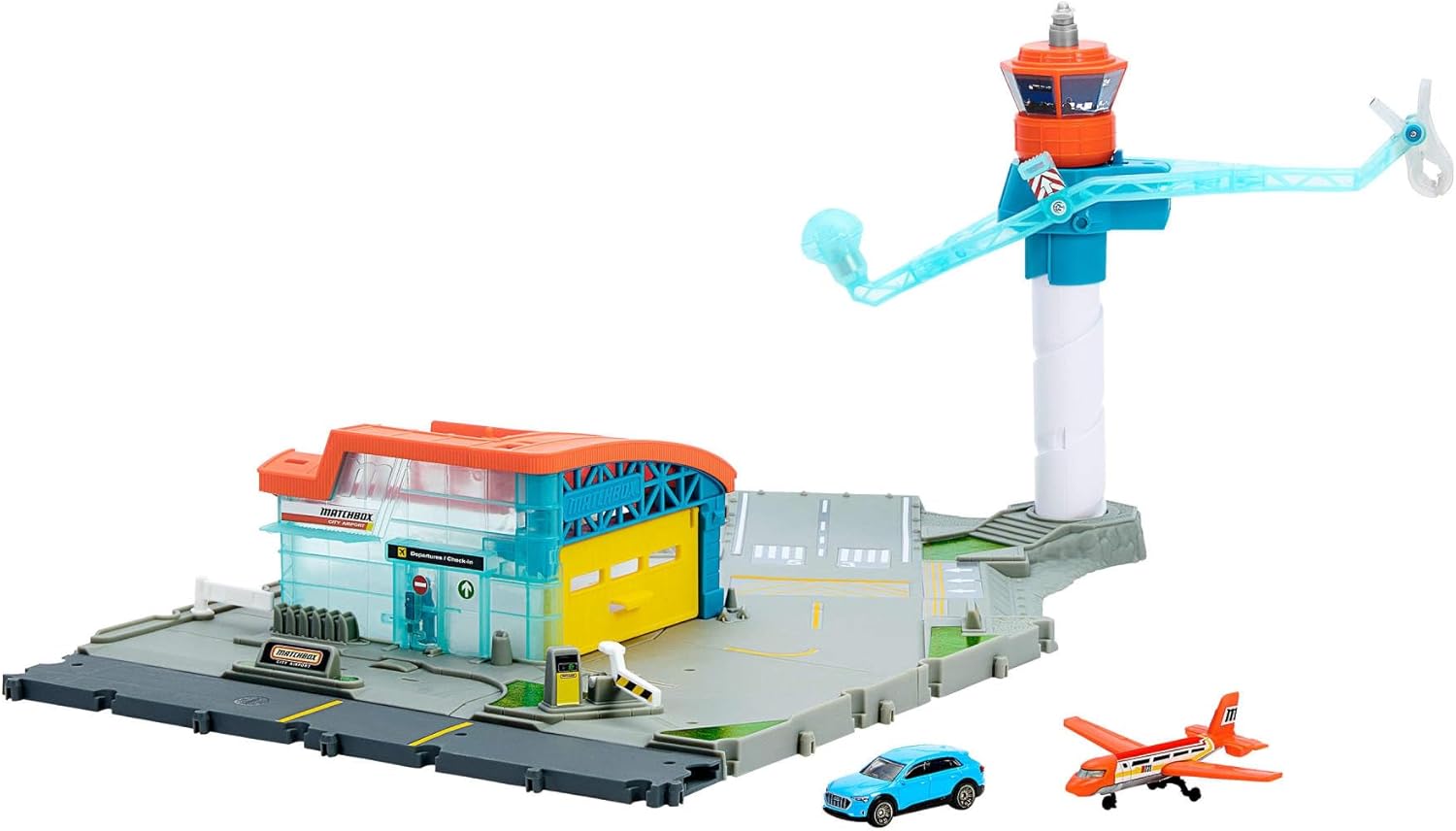Matchbox Toy Car Playset, Takeoff Adventure Airport Set with Die-Cast Audi in 1:64 Scale, Plastic Plane, Take-Off & Landing Feature & Storage, JBW37