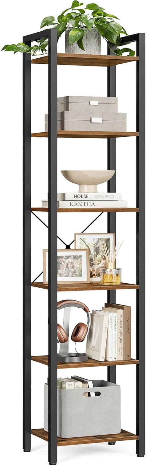 VASAGLE 6-Tier Bookshelf, Bookcase, Shelving Unit, for Office, Study, Living Room, Bedroom, 30 x 40 x 187.5 cm, Industrial, Rustic Brown and Ink Black LLS101B01