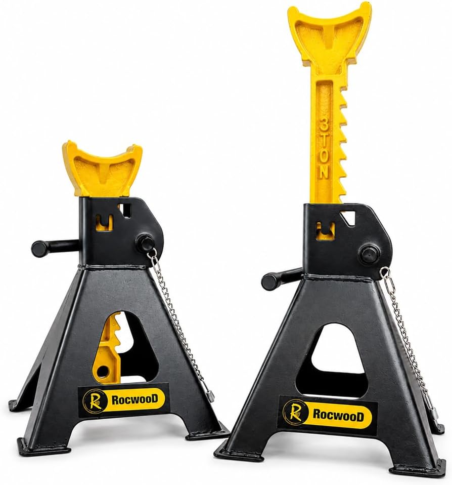RocwooD Axle Stand 3 Tonne Ton Car Van Jack Ratchet Heavy Duty Automotive Vehicle Repairing Tool Garage Workshop Safety Steel Lift Lifting Pair Of Stands
