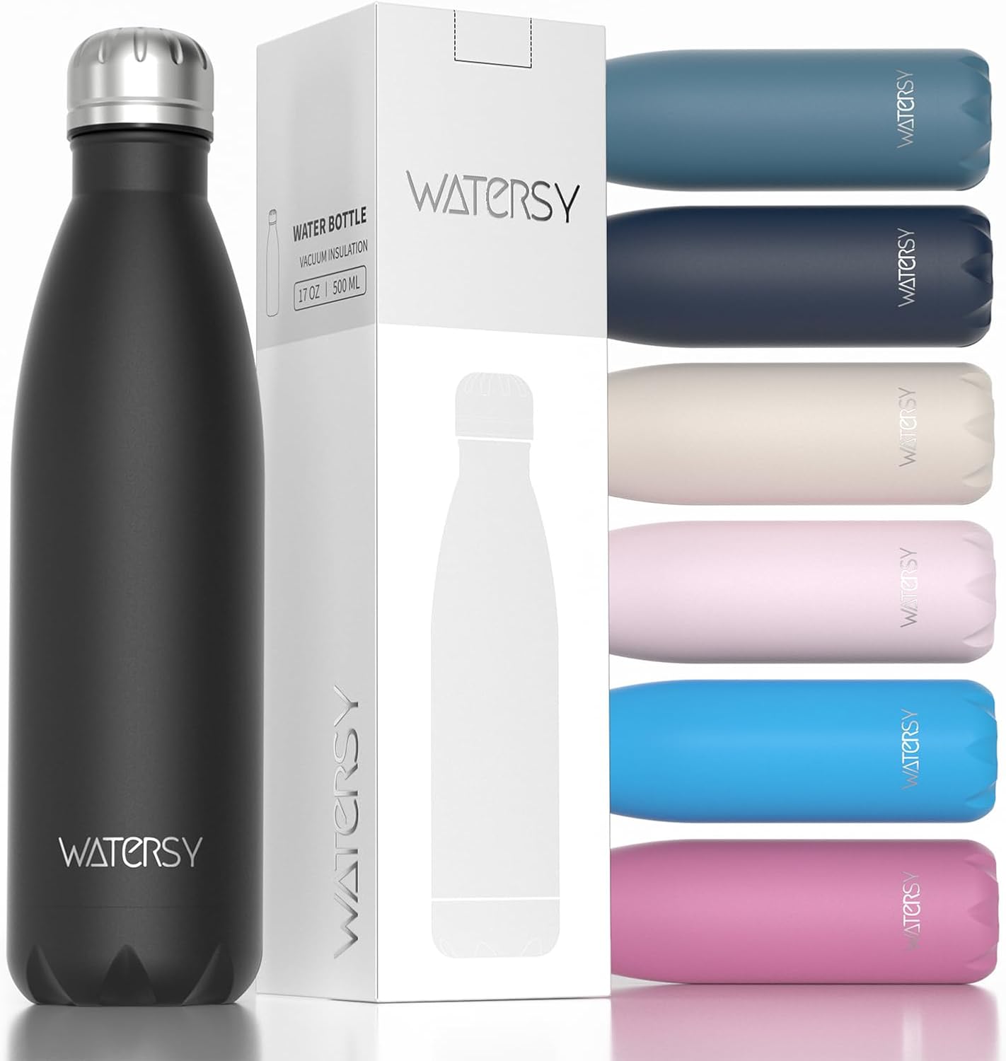 Stainless Steel Insulated Water Bottle, WATERSY Double Walled Metal Vacuum Flask Keep 24 Hrs Cold & 12 Hrs Hot Thermal Metal Sports Bottles 500ml BPA Free for Outdoor, Work, Gym, School (Black)
