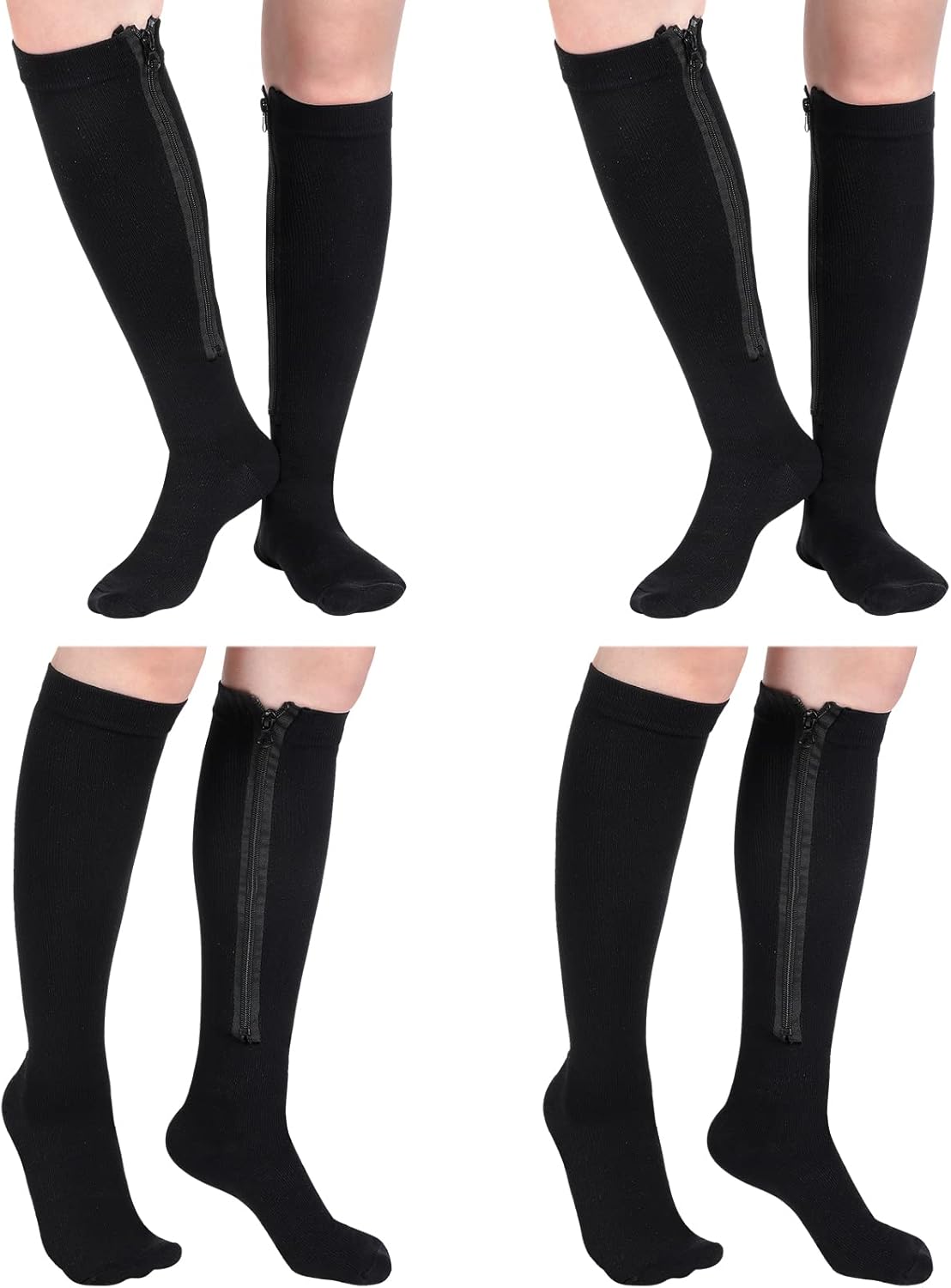 Tarpop 4 Pair Zipper Compression Socks Closed Toe 20-30 Mmhg Calf Knee High Compression Stocking for Men Women Swelling Edema
