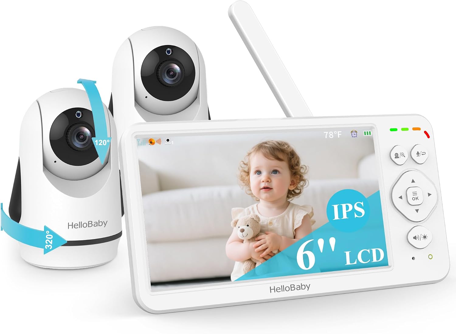 HelloBaby Baby Monitor with 2 Cameras 6" Screen, 30H Battery 4000mAh | Double Cameras No WiFi, Night Vision, 2-Way Talk, Pan-Tilt-Zoom, ECO, 1000ft Long Range, Temp Display, Video Audio Monitor