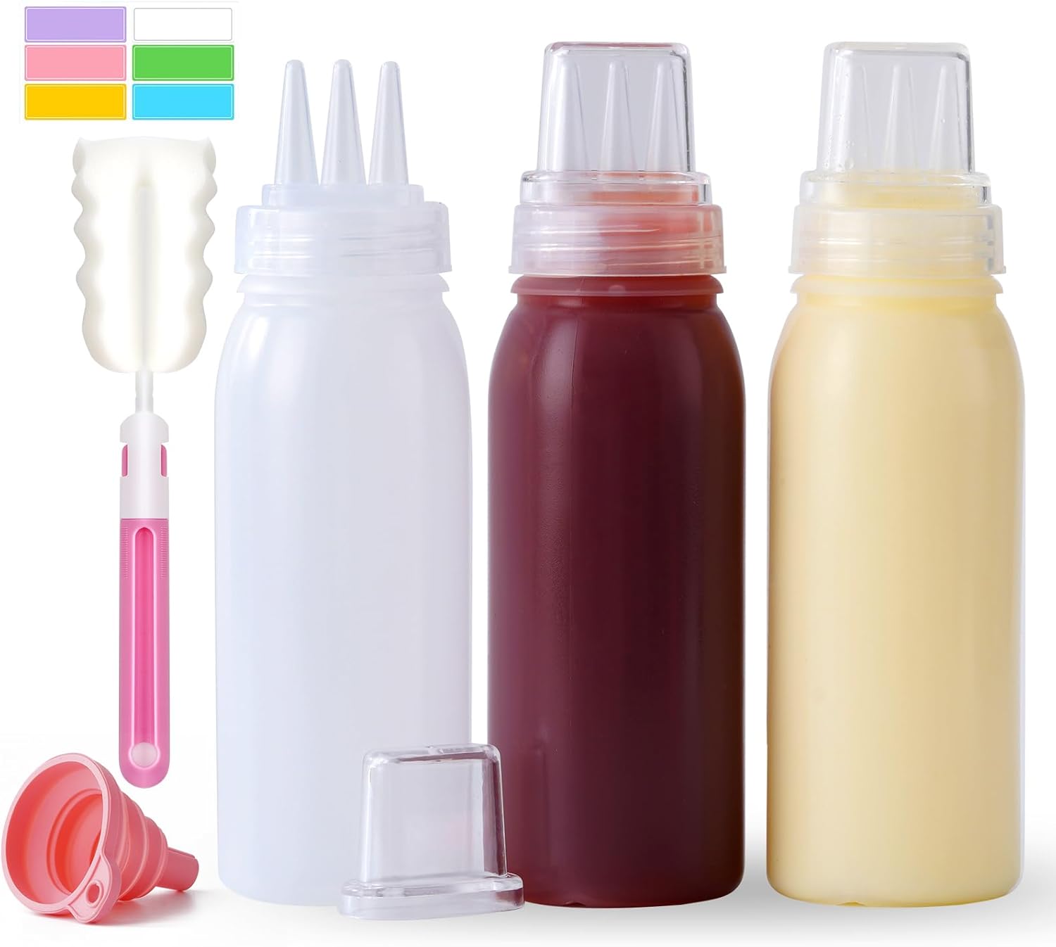 Werduoland 3 Hole Squeeze Bottles for Sauces Plastic Condiment Squeeze Bottles Ketchup Dispenser Salad Dressing Container Squirt Kitchen Squeeze Bottles for Oil BBQ Paint Pancake Art 3 Pcs 13oz/380ML