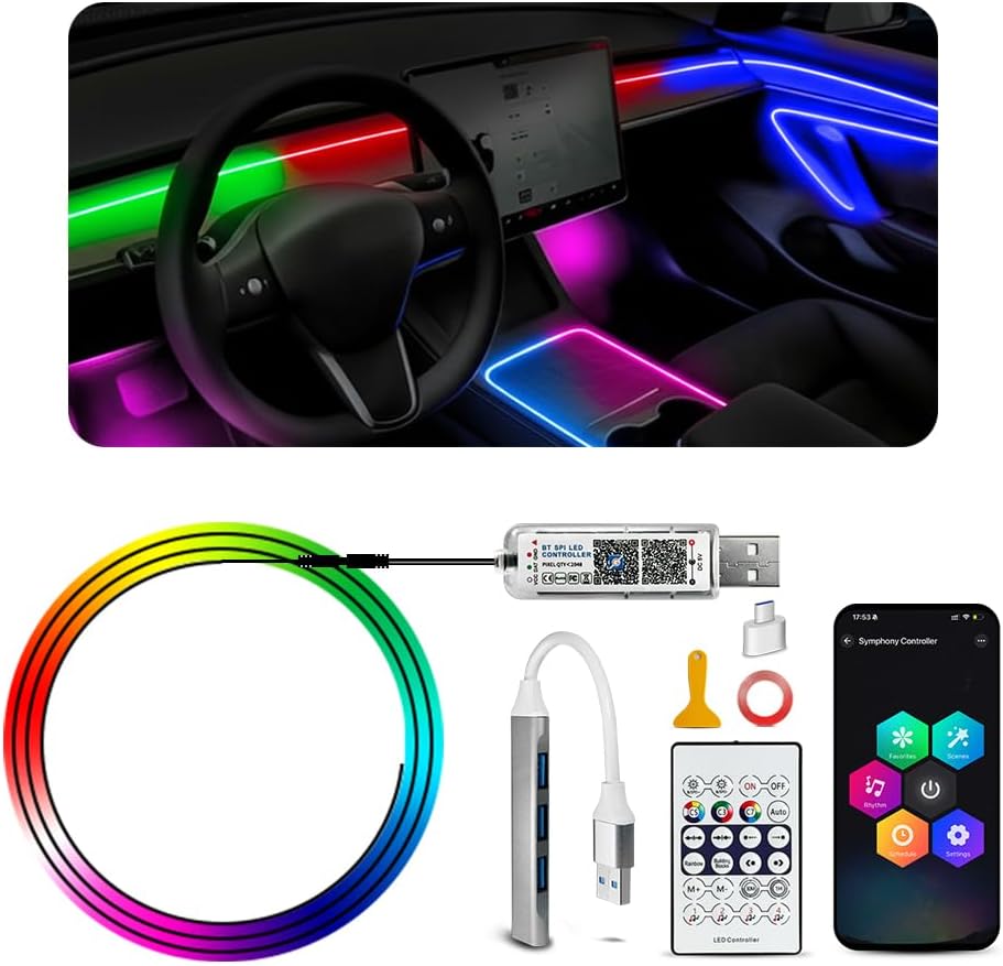 Acrylic Ambient Lighting Car Interior,55.1 inches Dream Color Acrylic Led Strips with USB Hub, APP Fiber Optic Emotion Glow Lights for Car, Neon Ambient Lighting Kit Dashboard Decorations