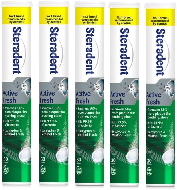 Steradent Active Fresh Denture Cleaning Tablets 30 - Daily Denture Cleaning Bundle Tablets - Pack of 5