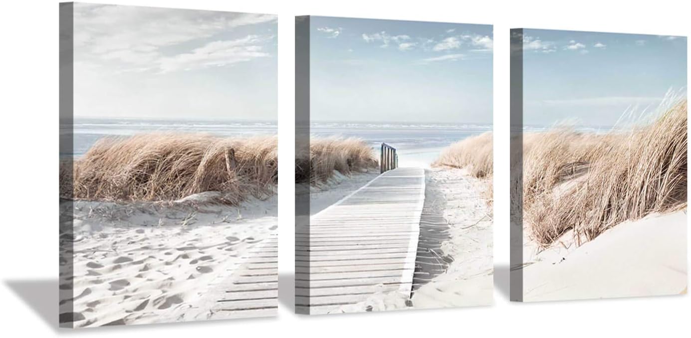 Hardy Gallery Coastal Beach Canvas Wall Art: Pathway to Shoreline Artwork Painting on Canvas for Office or Bedroom (16'' x 12'' x 3 Panels)