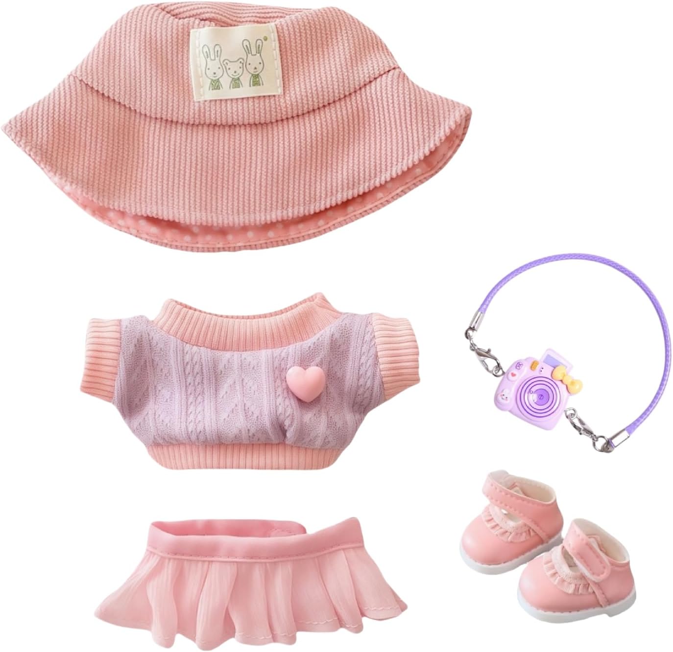Clothes for Dolls Accessories, Stylish Kawaii Pink Outfit Set 5 Pieces Suitable for 15cm 17cm Doll (No Doll Included), Doll Hat Clothing Set Replacement