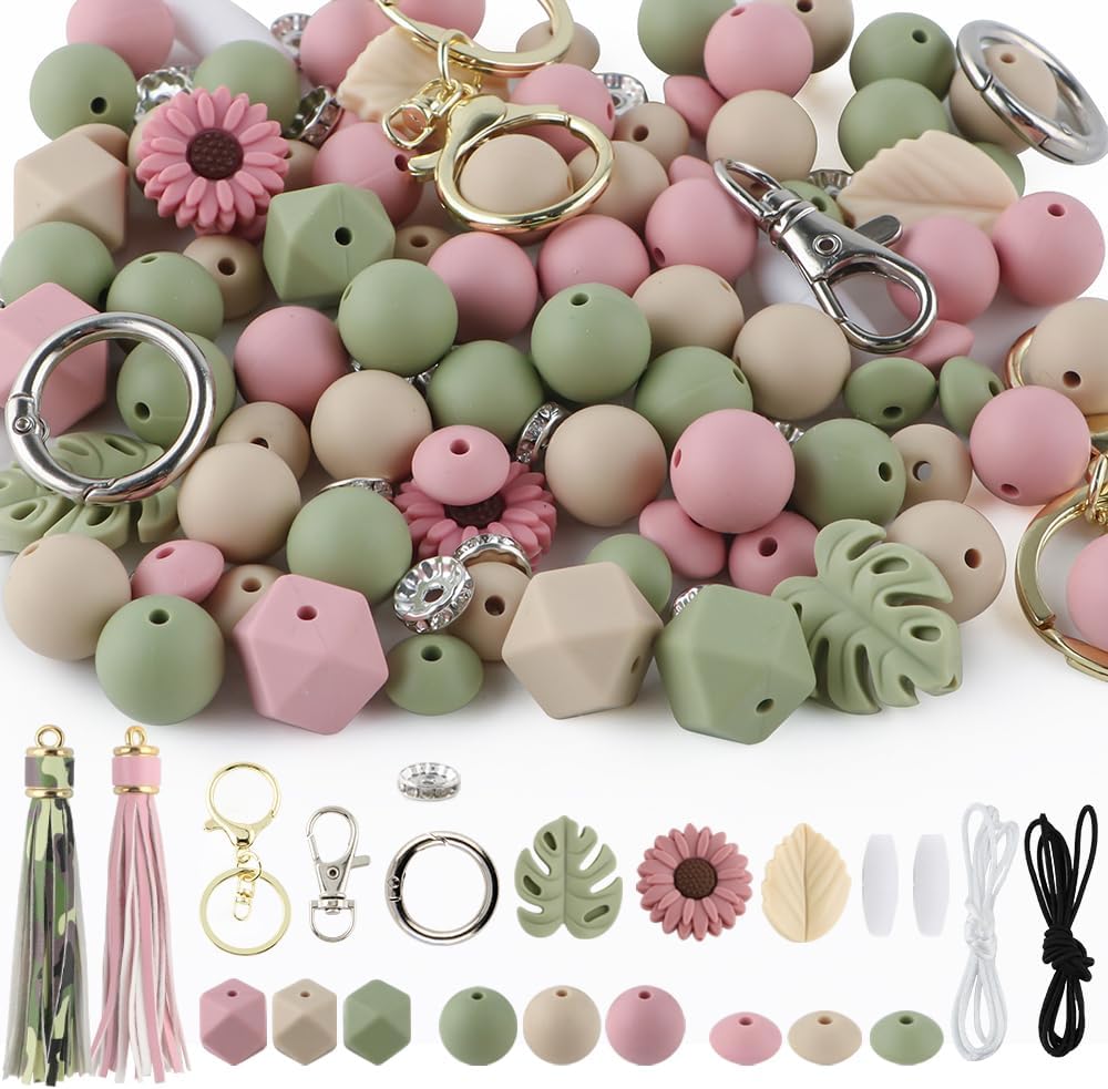 119Pcs Green 12mm 15mm Silicone Beads for Keychain Making,Leaf Sunflower Flower Silicone Focal Beads for Pens,Breakaway Clasps Tassels Keychains for Lanyard Making DIY Accessories