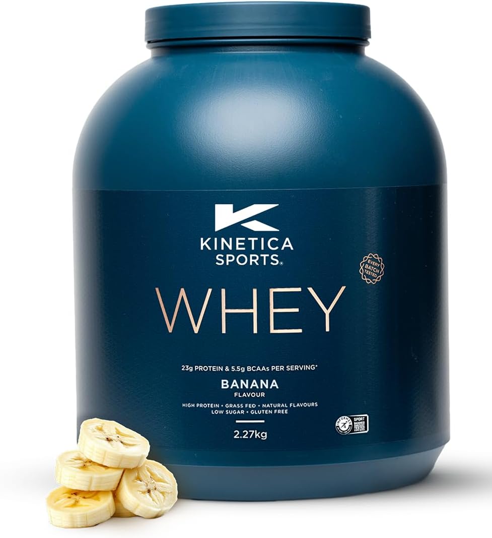 Kinetica Sports Whey Protein Powder - Banana, 2.27 Kg, 76 Servings | 23g Protein, 5.5g BCAA Amino Acid & 4.32g Glutamine | Recovery Shake for Optimum Nutrition | WADA & Informed Sport Approved