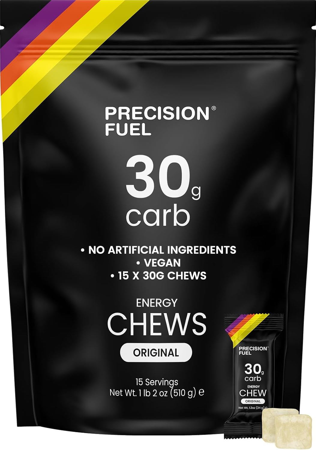 Precision Fuel 30 Energy Chews - Carb, Lightweight Snack for Endurance Sports, 30g Carbs per Serving, Ideal for Running & Cycling, No Artificial Ingredients - Original Flavour (15 x 34g Chews)