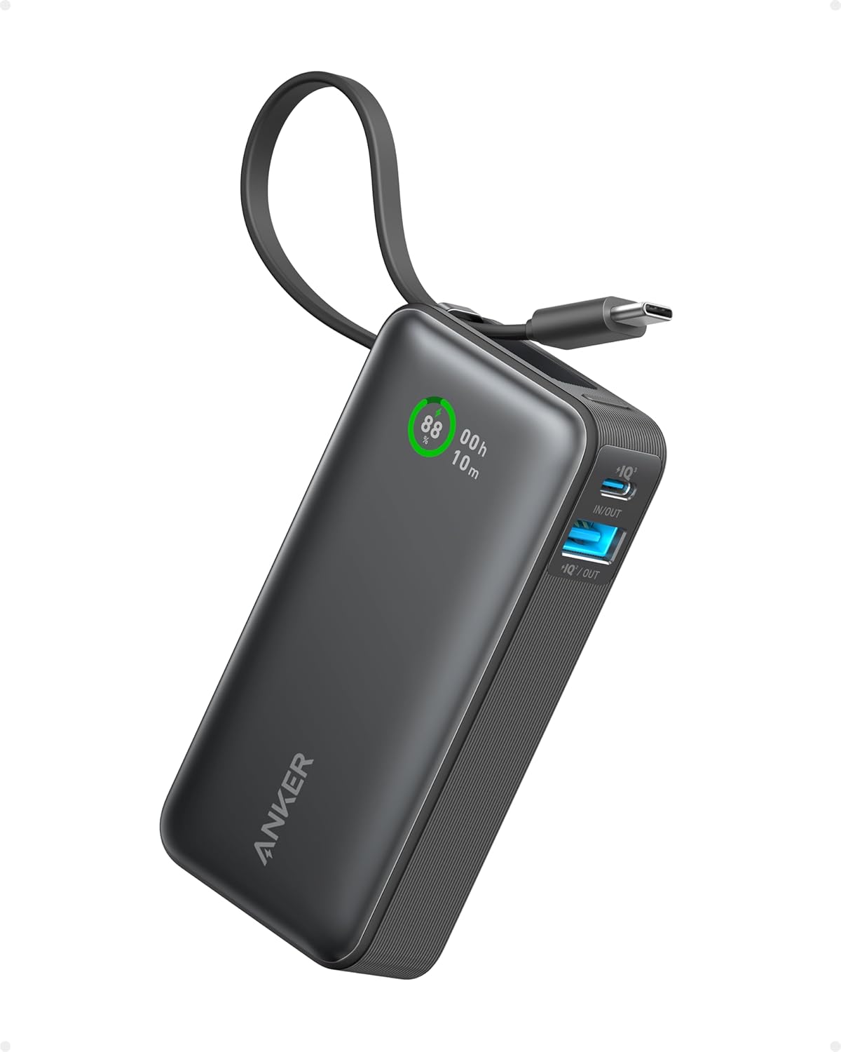Anker Nano Power Bank, 10,000mAh Portable Charger with Built-In USB-C Cable, PD 30W Output, Fast Charging Battery Pack for iPhone 16/15 Series, Galaxy, iPad, AirPods, and More