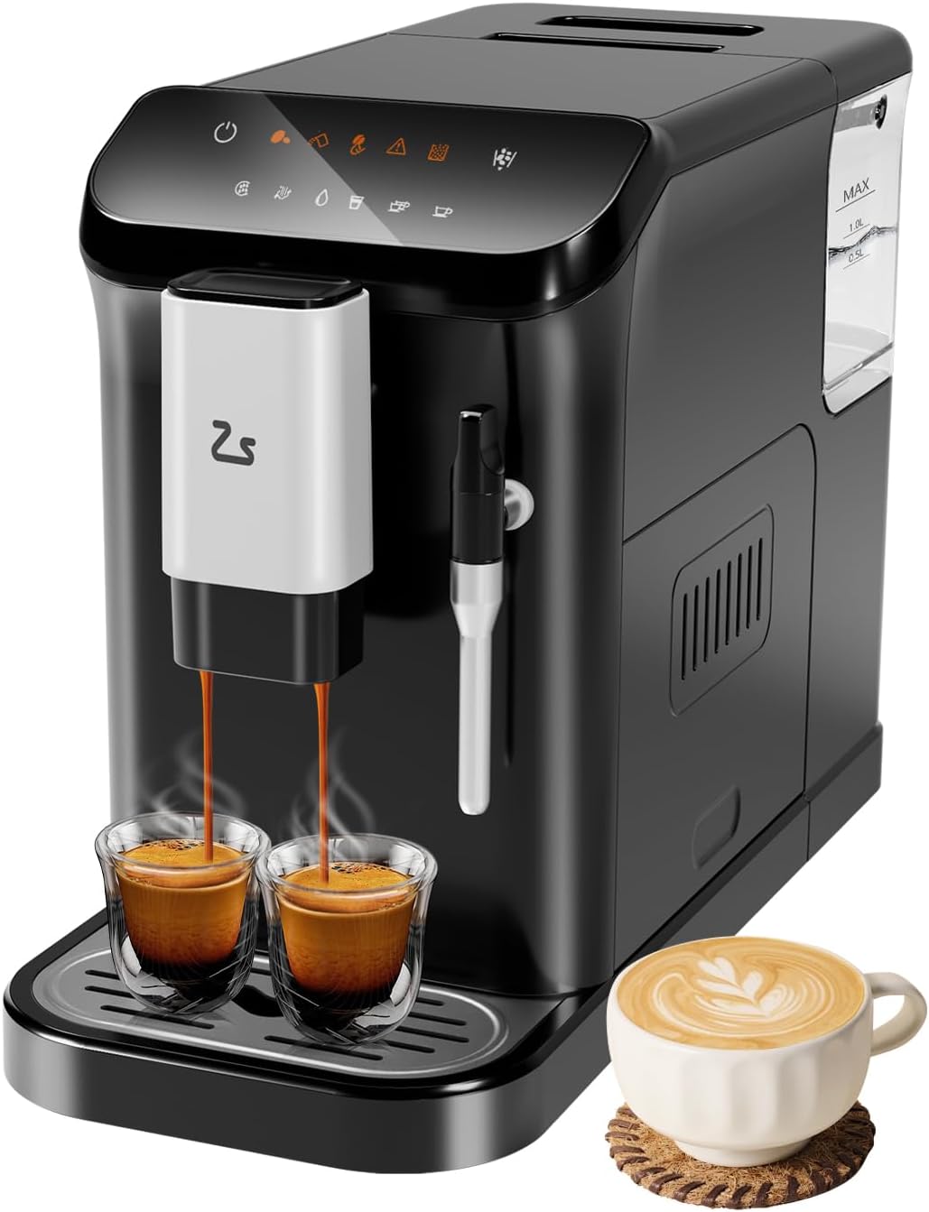 Automatic Coffee Machine with Manual Frother - 1350W Fast Brew, Compact Espresso Maker for Home, Grinds Beans to Cup in 45s, 6 One-Touch Drinks (Black)