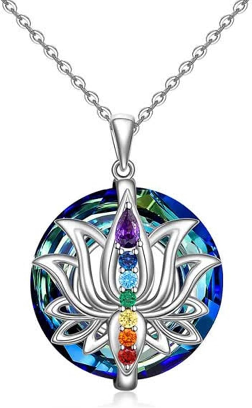 Necklace-Pendant-Jewellery 7 Chakra Necklace Healing Crystal Lotus Flower Pendant - Spiritual Jewelry Gifts for Women and Yoga Lovers, Good Luck Necklace, Generic Locket Necklace