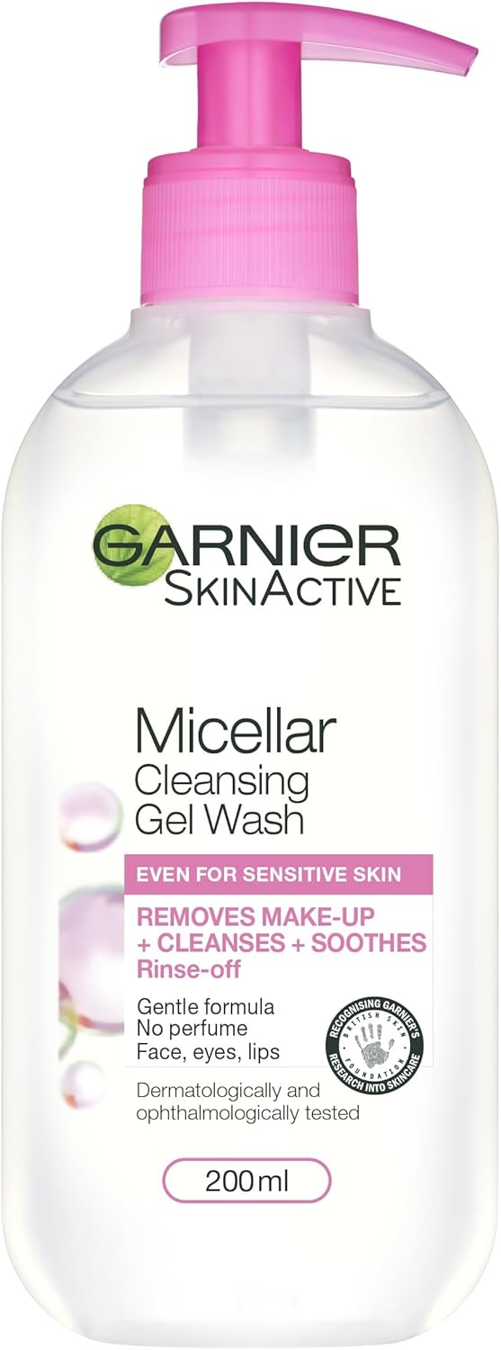 Garnier Micellar Gel Face Wash For Sensitive Skin 200ml, Gentle Face Cleanser & Makeup Remover, Recognised By The British Skin Foundation, Rinse-Off, Non-Drying & Fragrance Free Formula