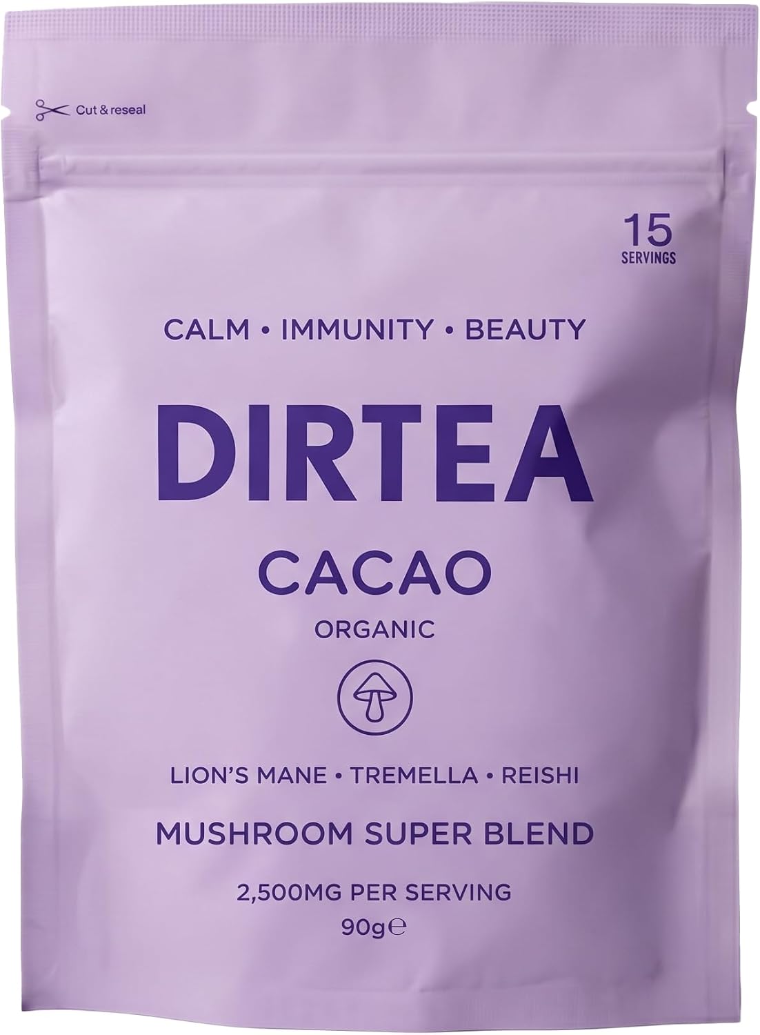 DIRTEA Cacao with Organic Lion's Mane - 100% Organic Cacao with MCT & Moringa, Reishi & Tremella - 2,500mg per Serving - Vegan & Non GMO - 90g - 15 Servings