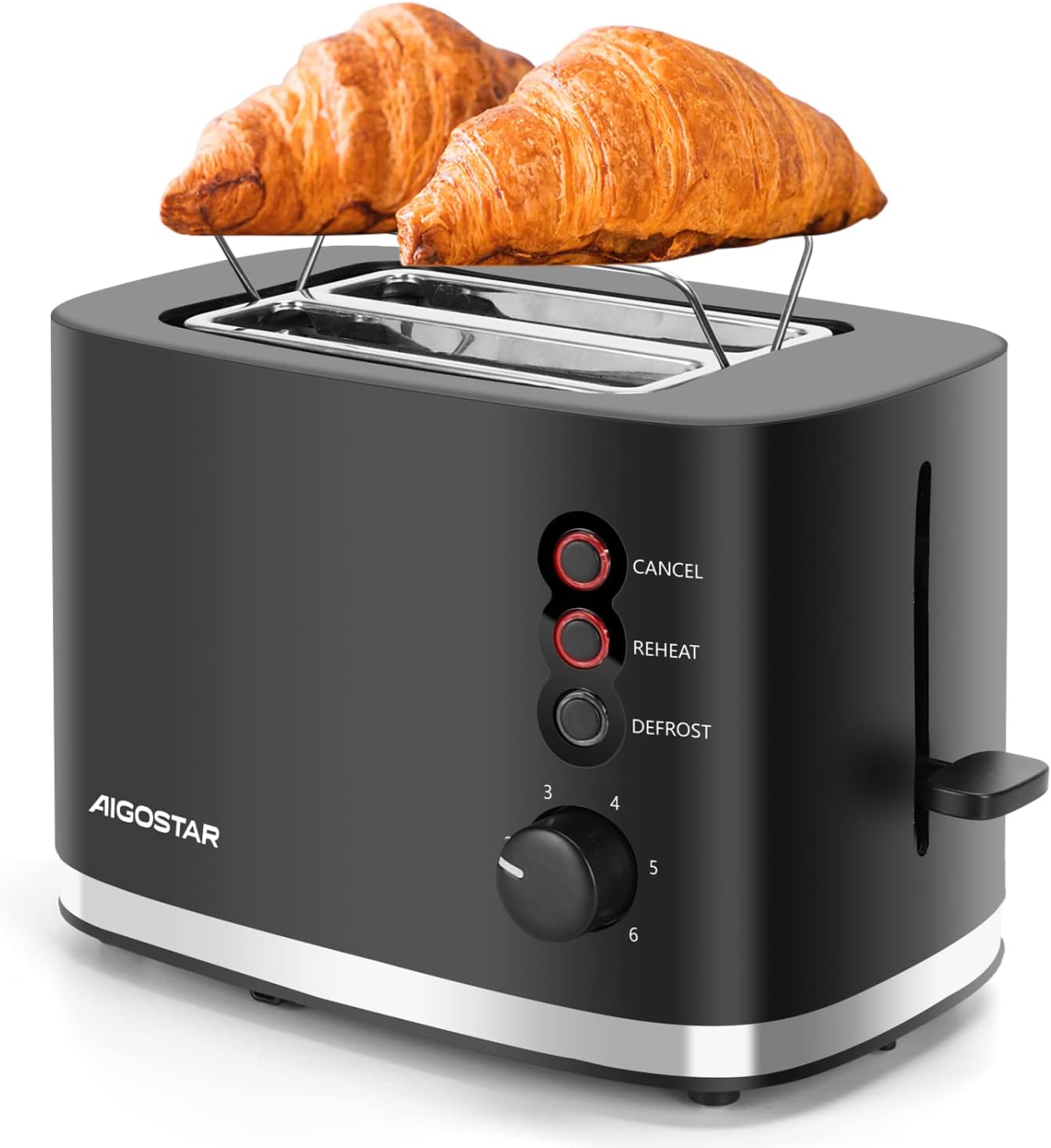 Aigostar 2 Slice Toaster With 1.5" Wide Slot, 800W Black With Warming Rack, Small Low Wattage Electric for Home Travel Camping, Energy 30B3L